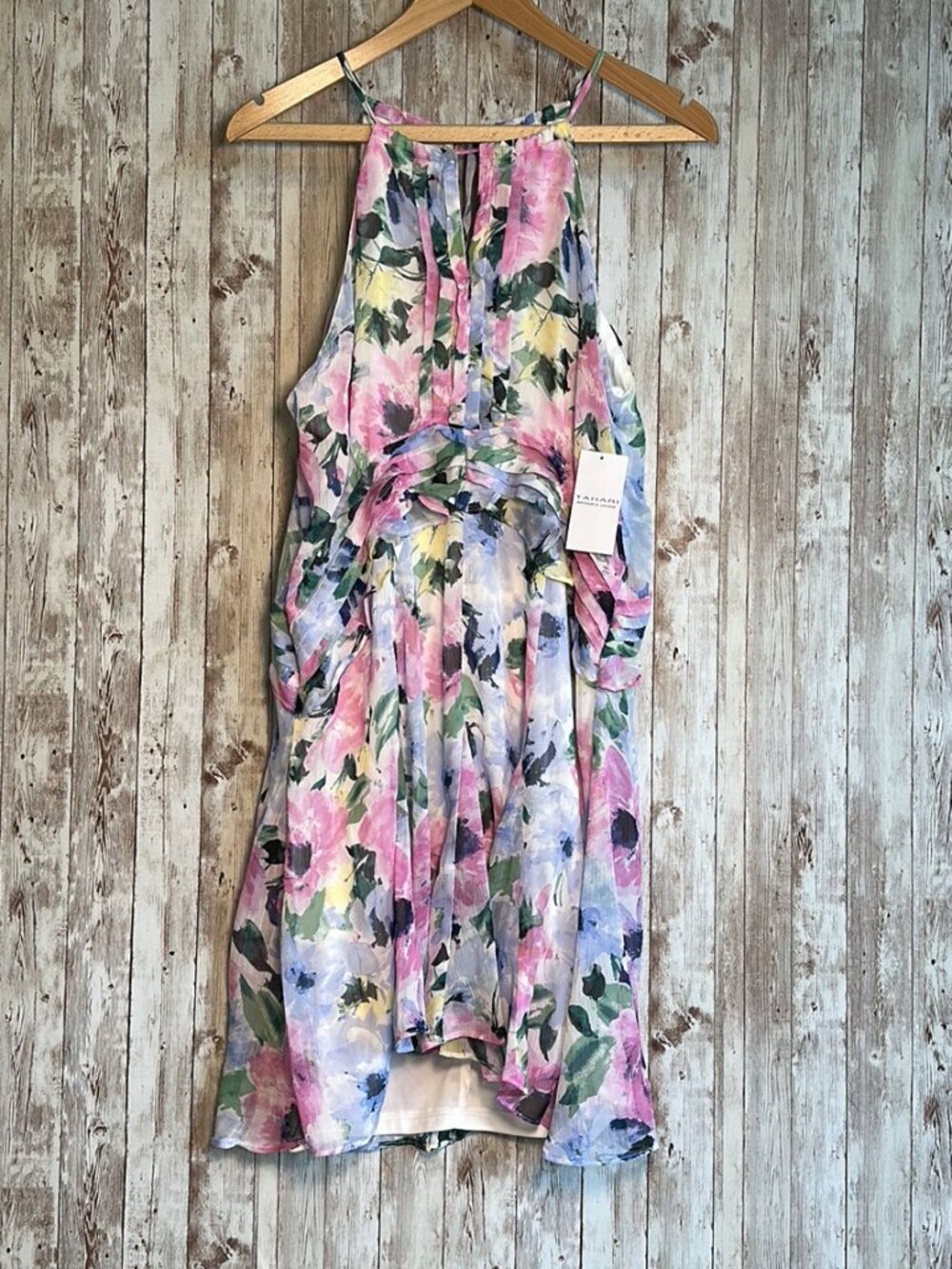 TAHARI Arthur S. Levine sz 10 Sheer Flowy Halter Neck Dress Cut Out Purple Pink